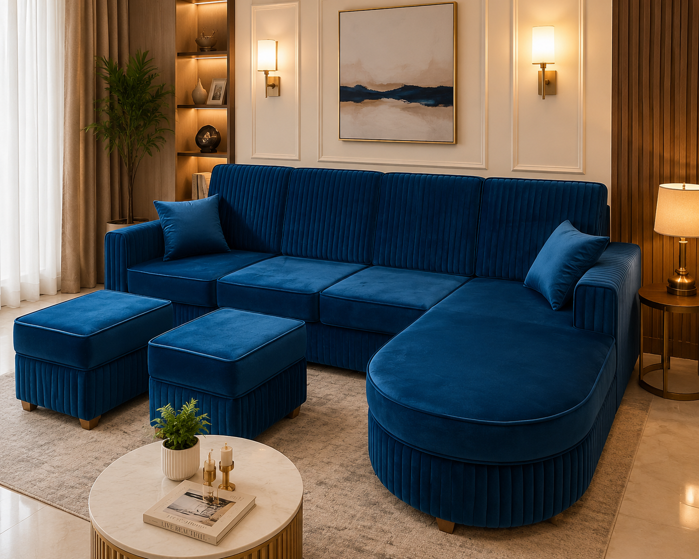 Royal Curve L Shape Velvet Sofa with Matching Ottomans (Free Ottomans pairs)