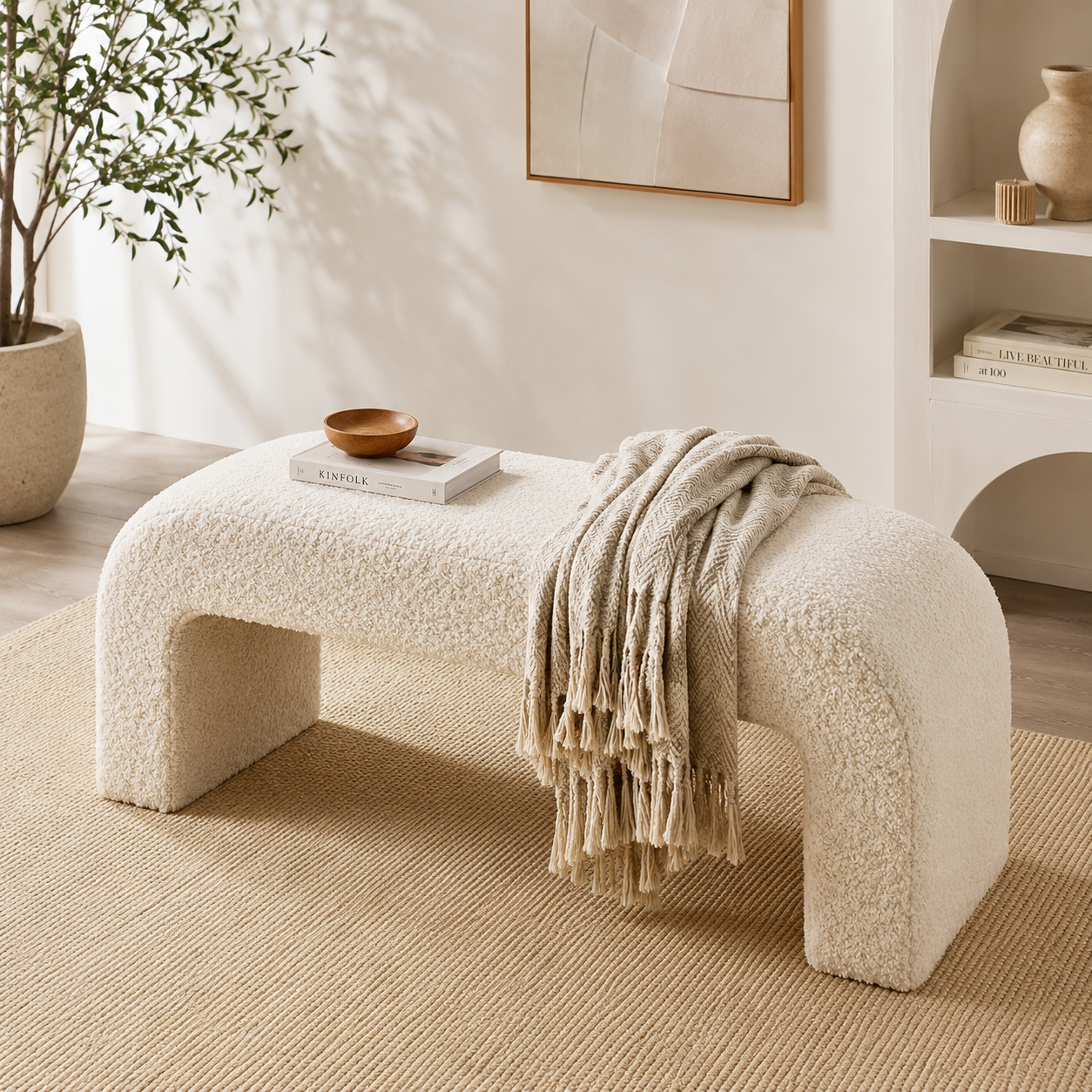 Modern Curved Bouclé Upholstered Accent Bench for Living Room & Bedroom
