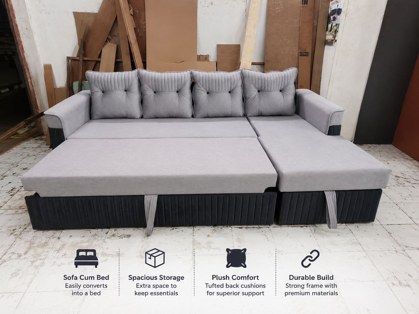 Modern L-Shaped Sofa Cum Bed with Chaise | Premium Fabric | Customizable Storage Sofa