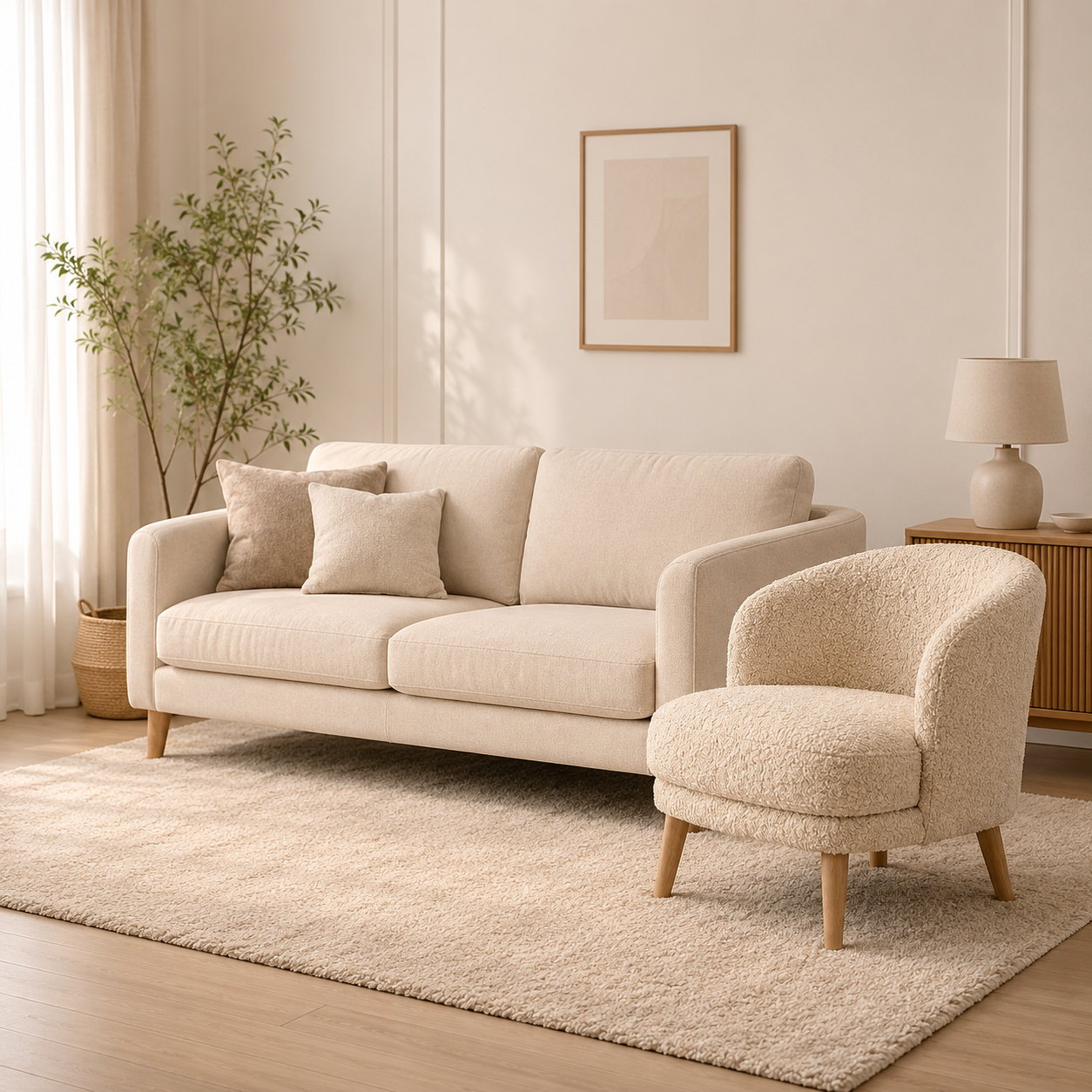 Modern Cream 3 Seater Sofa with 2 Bouclé Accent Chairs | Premium 1 Sofa 2 Chair Living Room Sofa Set