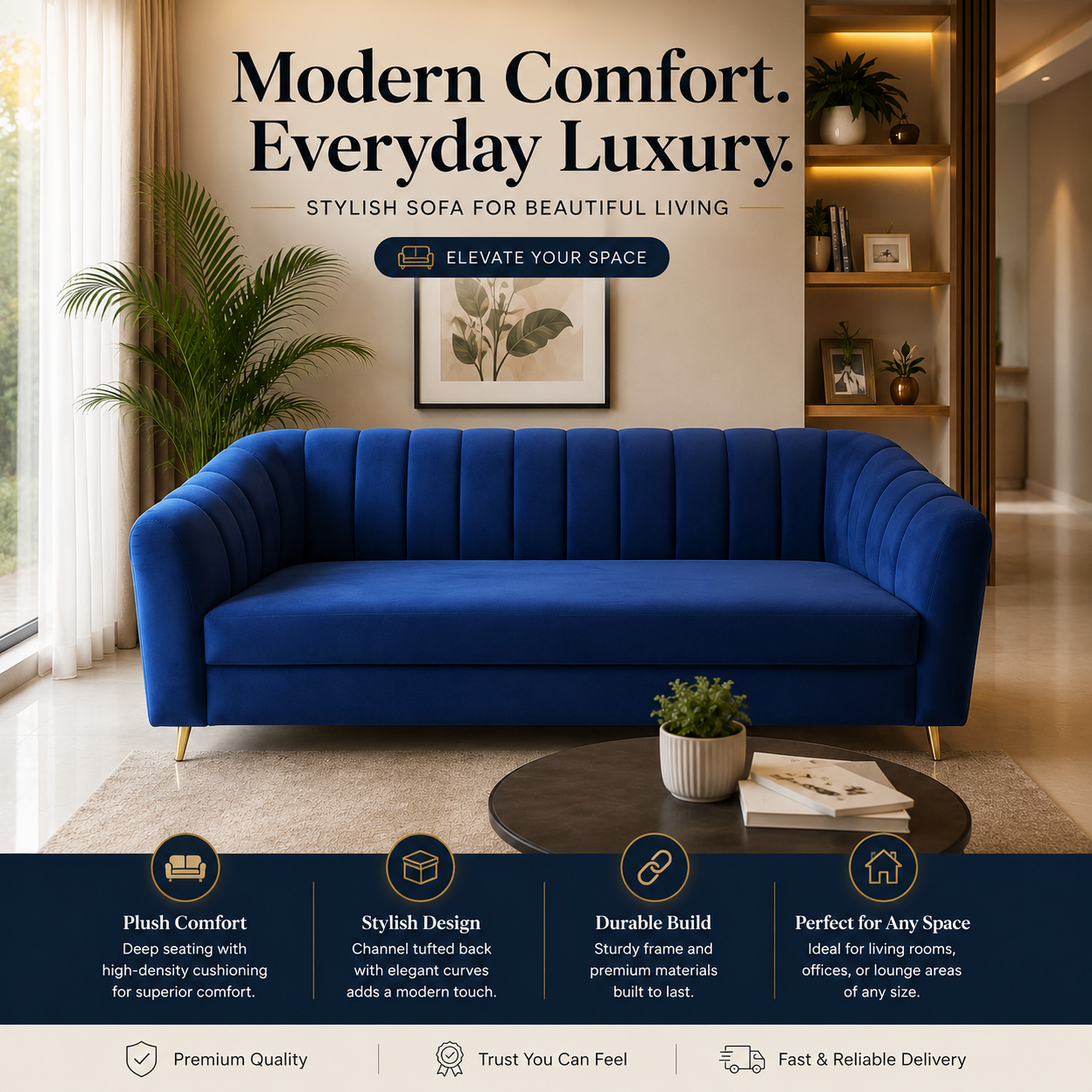 Royal Blue Velvet Curved Sofa – Customizable Luxury 3 Seater Living Room Sofa