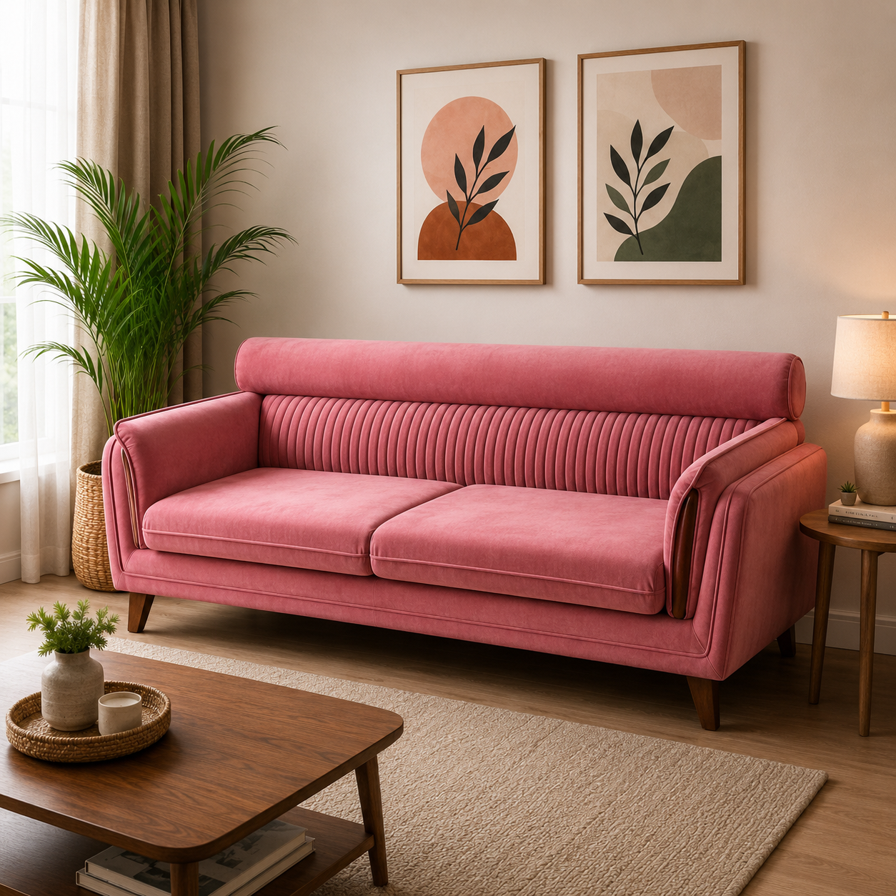 Modern Pink Velvet 3 Seater Sofa | Luxury Contemporary Living Room Couch (Full Customization))