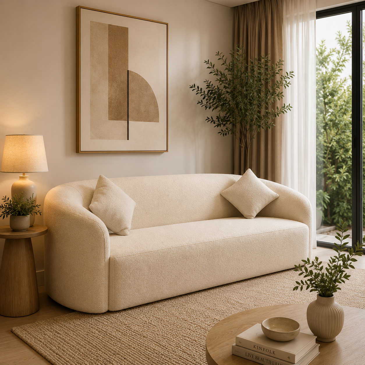 Modern Curved 3 Seater Sofa – Luxury Cream Upholstered Living Room Couch (Fully Customize)