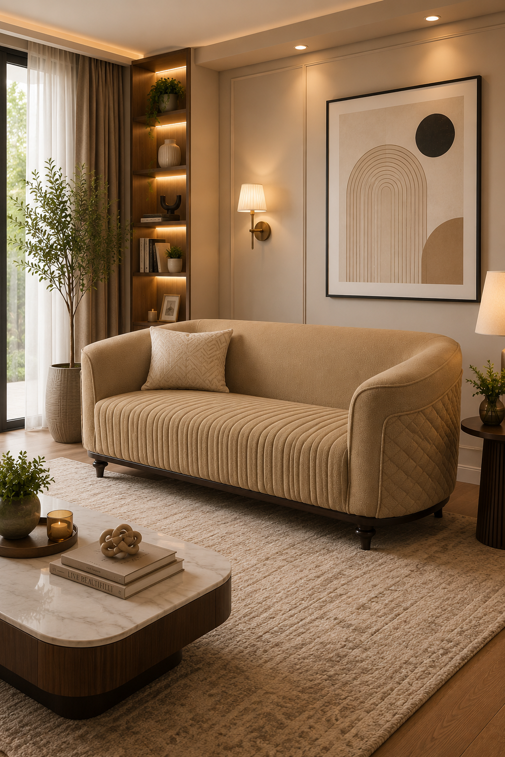 Modern Curved Bouclé 3 Seater Sofa – Luxury Beige Living Room Couch (Fully Customization)
