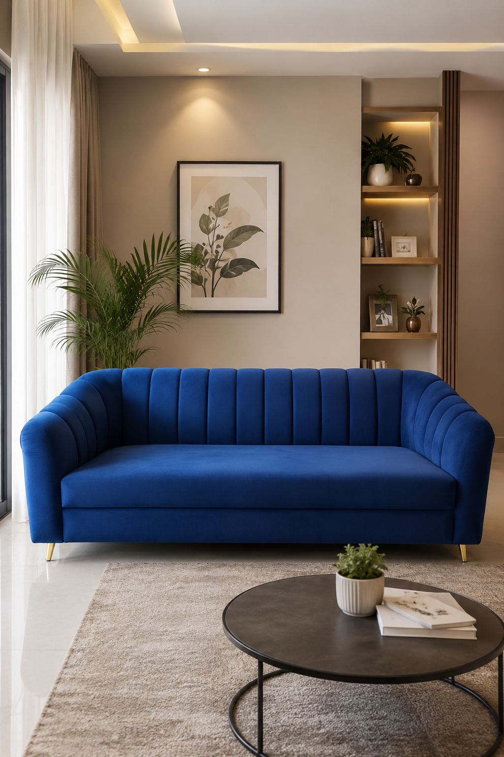 Royal Blue Velvet Curved Sofa – Customizable Luxury 3 Seater Living Room Sofa