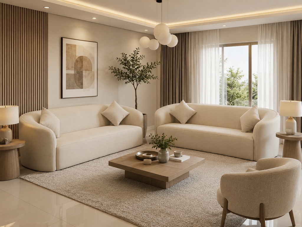 Modern Curved Bouclé 3 Seater Sofa – Luxury Cream Upholstered Living Room Couch (Fully Custommize)
