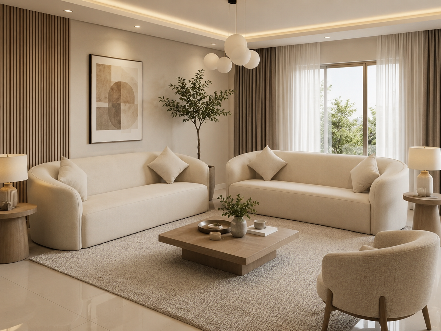 Modern Curved Bouclé 3 Seater Sofa – Luxury Cream Upholstered Living Room Couch (Fully Custommize)