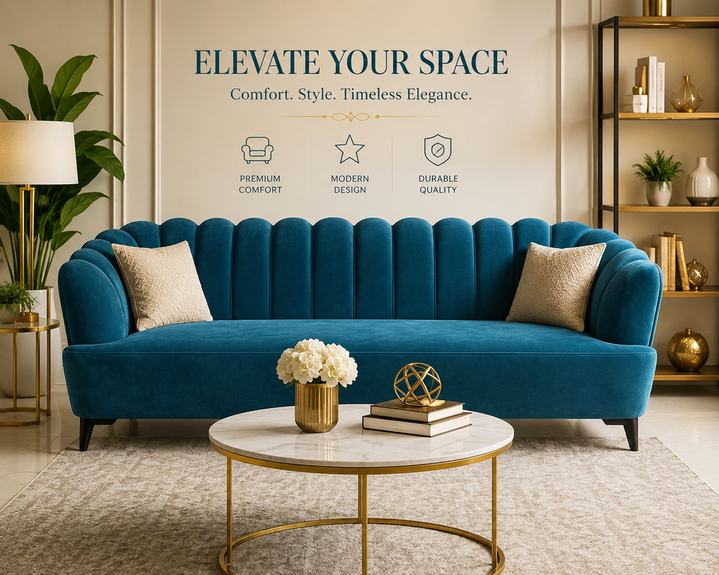 Royal Teal Velvet Shell Back 3 Seater Sofa | Luxury Modern Living Room Sofa (fully customization)