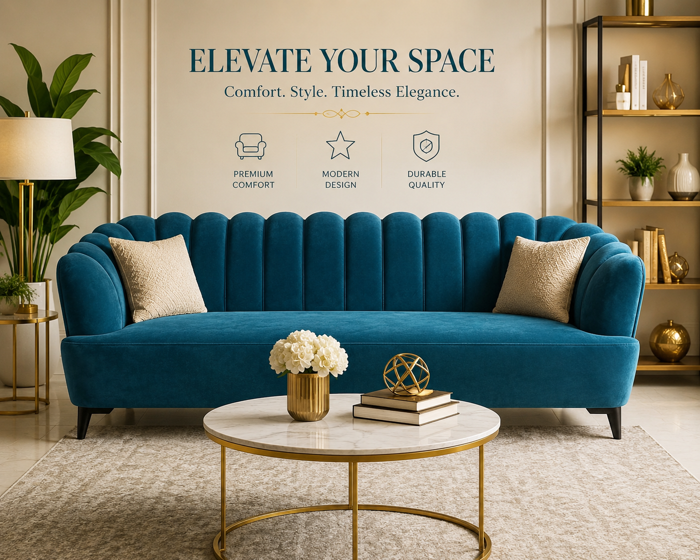 Royal Teal Velvet Shell Back 3 Seater Sofa | Luxury Modern Living Room Sofa (fully customization)