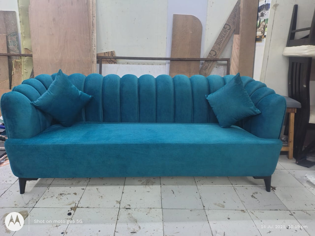 Royal Teal Velvet Shell Back 3 Seater Sofa | Luxury Modern Living Room Sofa (fully customization)