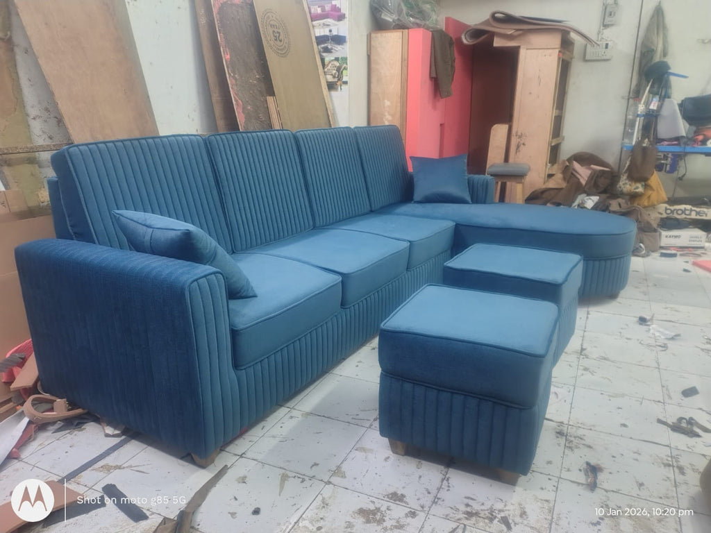 Royal Curve L Shape Velvet Sofa with Matching Ottomans (Free Ottomans pairs)