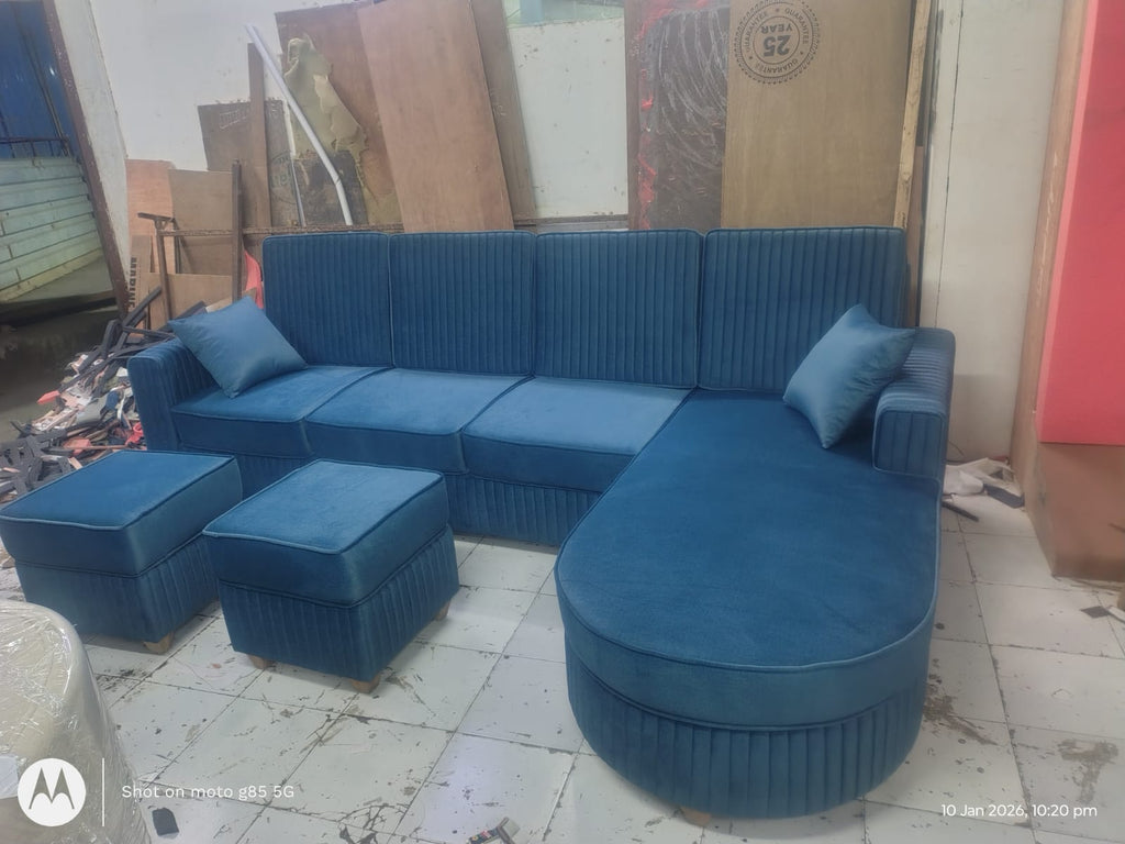 Royal Curve L Shape Velvet Sofa with Matching Ottomans (Free Ottomans pairs)
