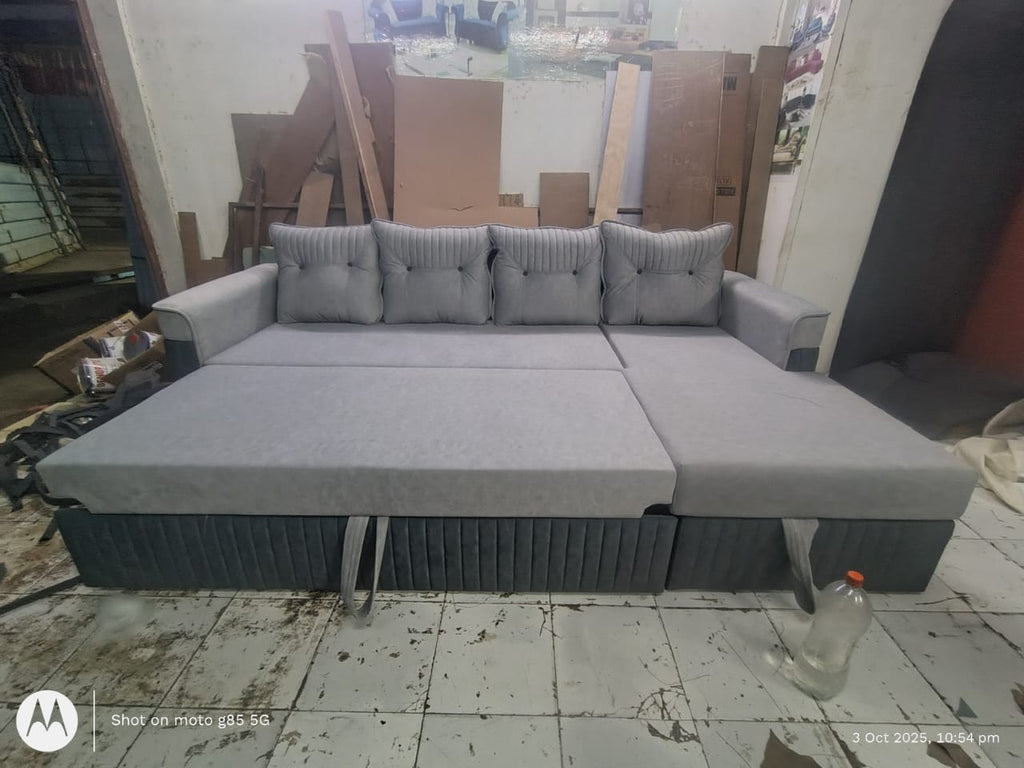 Modern L-Shaped Sofa Cum Bed with Chaise | Premium Fabric | Customizable Storage Sofa